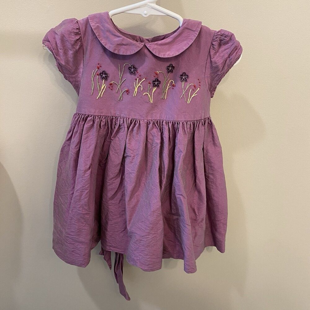 Vintage Talbots Girls 100% Silk Dress 9-12 Embroidered Flowers Purple
